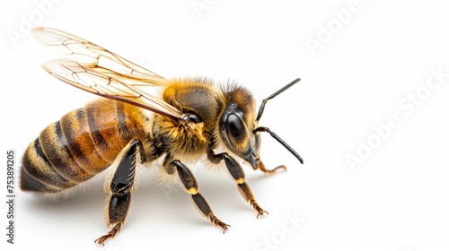  a close up of a bee on a white background with a black stripe on the back of it's head.