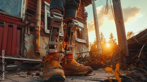 Color photo of a robotic prosthetic limb assisting an amputee in daily activities photo