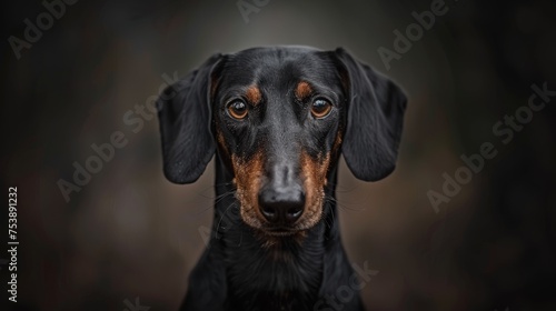  a black and brown dachshund dog looking at the camera with a sad look on his face and eyes. © Jevjenijs