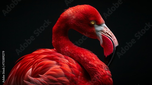  a close up of a red flamingo on a black background with its head turned to the side with a bright yellow eye.