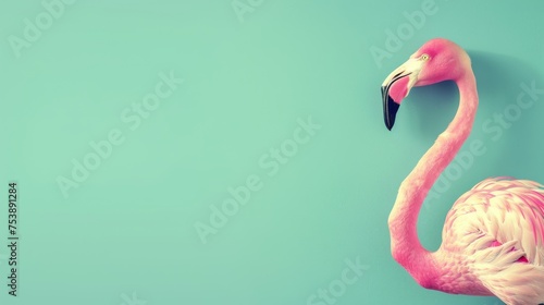  a pink flamingo standing in front of a blue wall with its head turned to the side and it's head turned to the side. photo