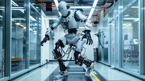 Color photo of a robotic exoskeleton assisting in physical rehabilitation photo