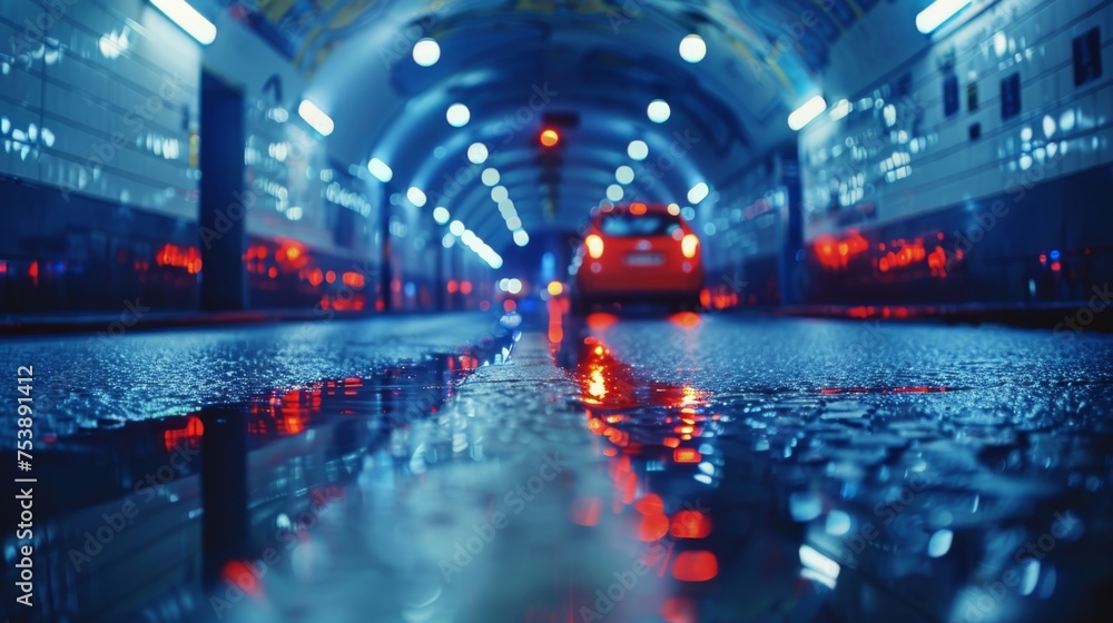  a red car driving down a rain soaked street next to a tall building with a red light at the end of the tunnel.