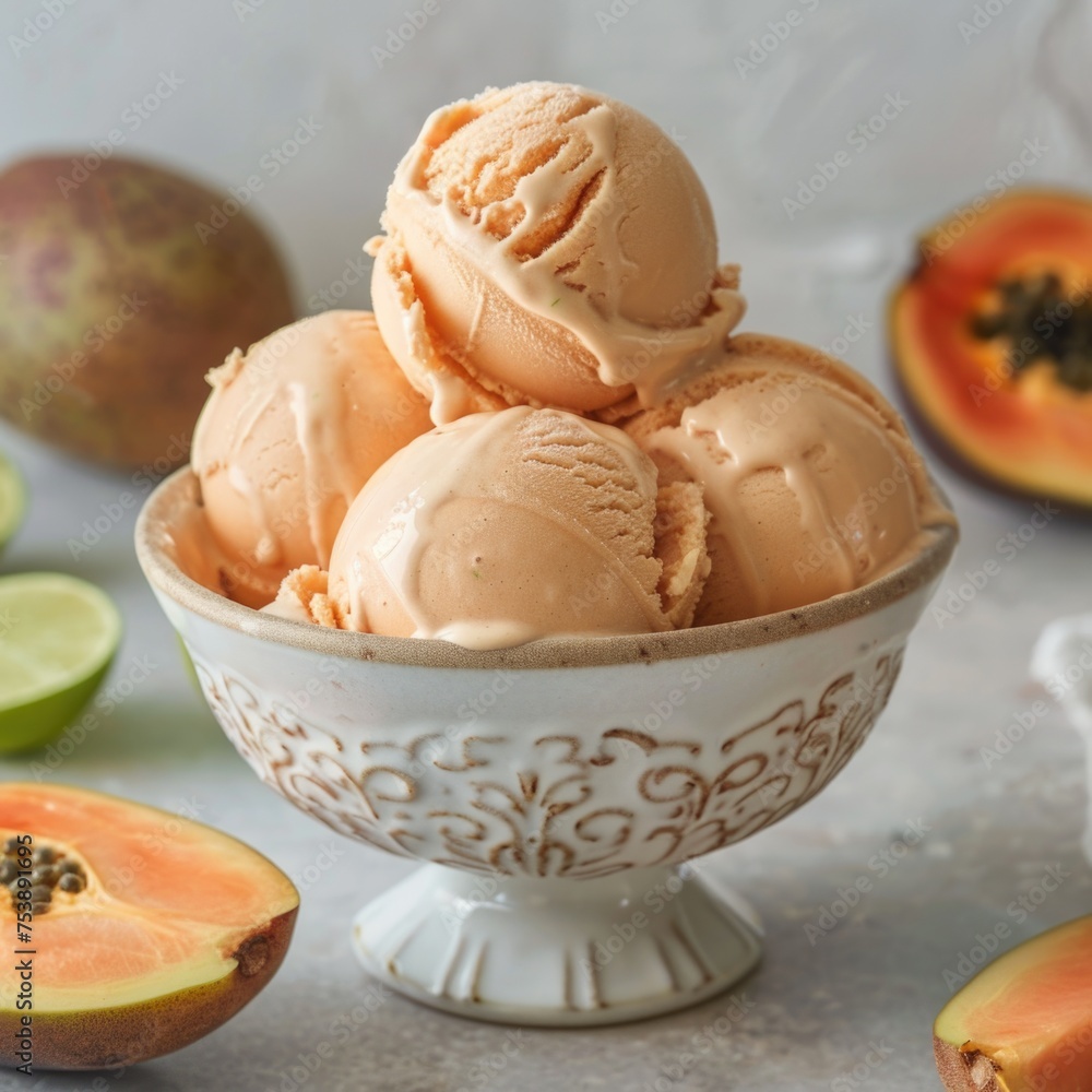 A bowl of ice cream with four scoops and a slice of pineapple on the side A bowl of ice cream with four scoops and a slice of pineapple on the side