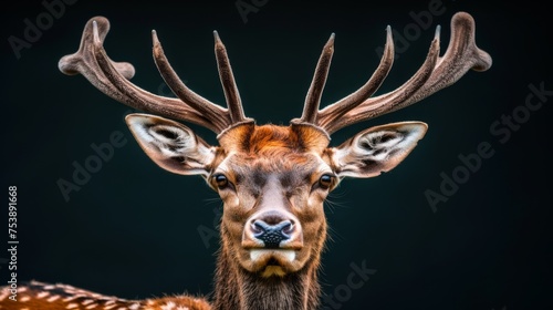  a close up of a deer's face with antlers on it's head and a black background. © Jevjenijs