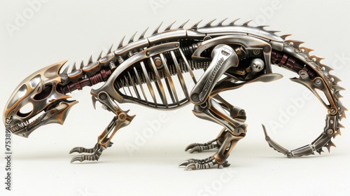  a metal sculpture of a dog with spikes on it's back legs and a skeleton like body with spikes on it's back legs.