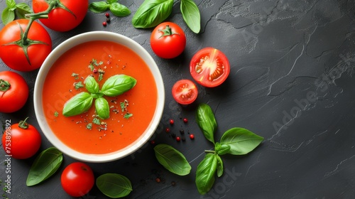  a bowl of tomato soup garnished with fresh basil leaves and tomatoes on a black stone table top view from above.