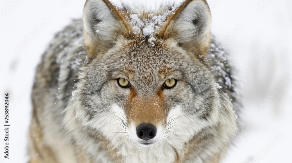  a close up of a wolf's face with snow on it's fur and it's eyes wide open.