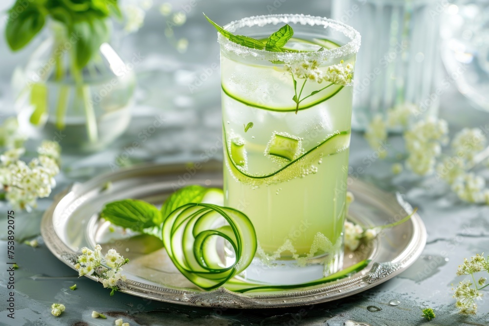 Fototapeta premium A glass of cucumber juice with a cucumber peel on top