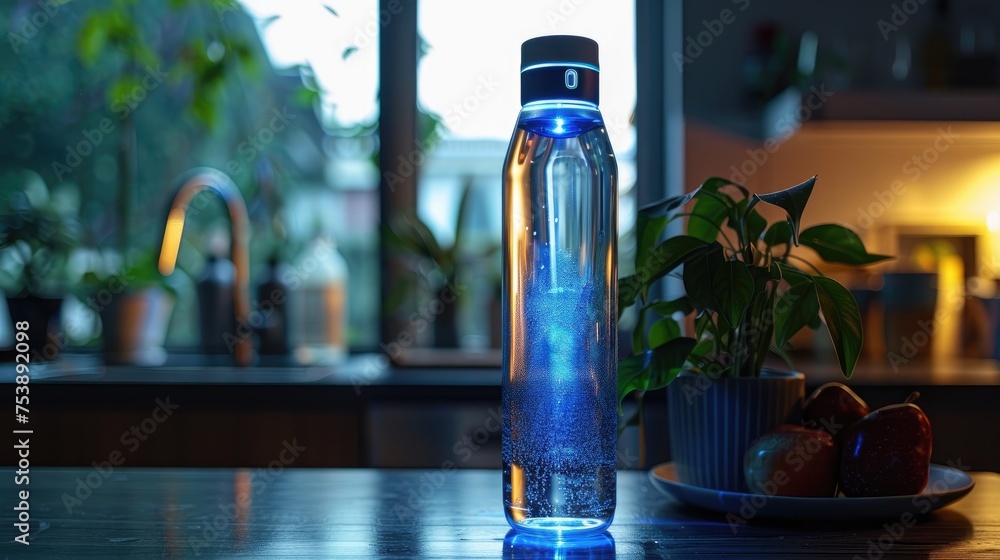 Color photo of a smart water bottle tracking hydration levels and providing reminders