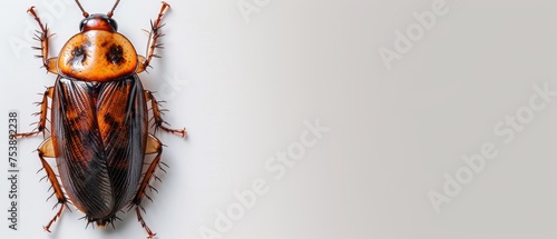  a close up of a cockroach on a white background with a black and orange bug on it's back end.