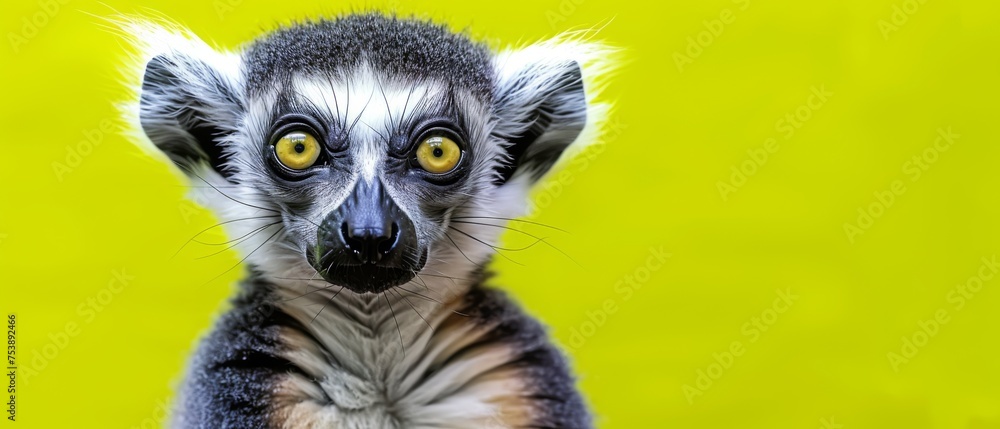 a close up of a small animal with big yellow eyes and a black and white coat on it's head. a close up of a small animal with big yellow eyes and a black and white coat on it's head.