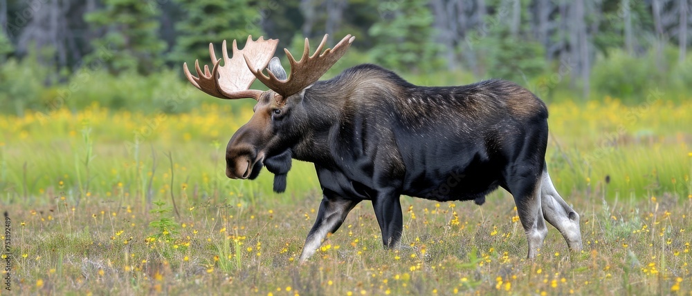  a moose with large antlers walking through a field of grass and wildflowers with trees in the background.