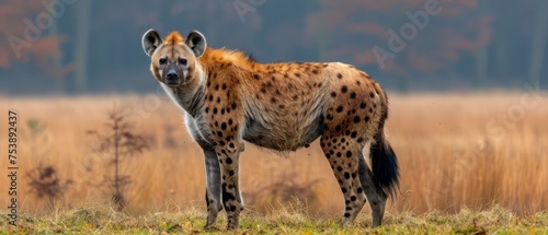  a close up of a hyena standing in a field of grass with a background of trees and bushes.