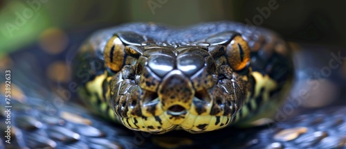  a close up of a snake's head with a blurry image of the snake's head in the background.