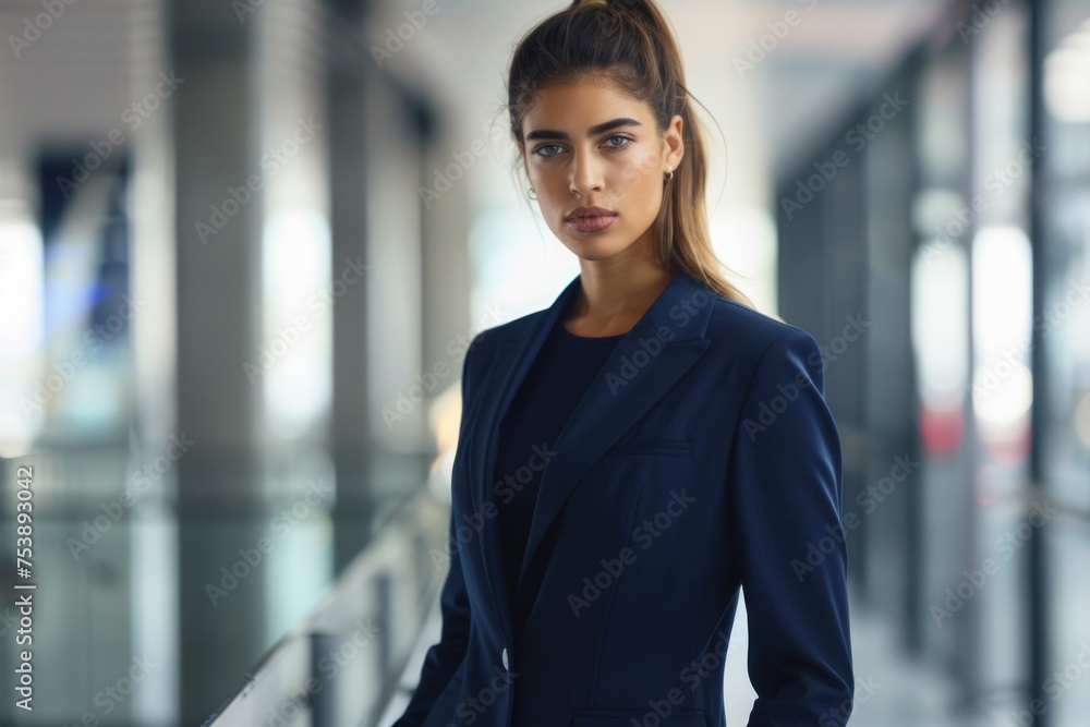 A woman in a blue suit stands in front of a building A woman in a blue suit stands in front of a building