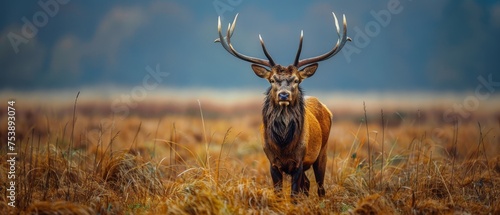  a close up of a deer in a field of tall grass with large antlers on it's head. © Jevjenijs