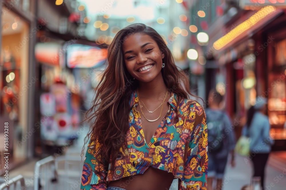 A woman with long hair is smiling and wearing a colorful shirt A woman with long hair is smiling and wearing a colorful shirt