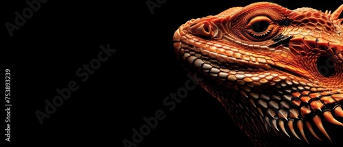  a close up of a lizard's head with its mouth open and it's tongue out in front of a black background. © Jevjenijs