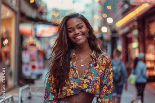 A woman with long hair is smiling and wearing a colorful shirt