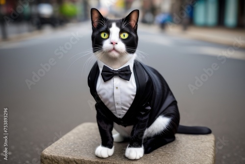 Cat in tuxedo sitting in the midlle of the street photo