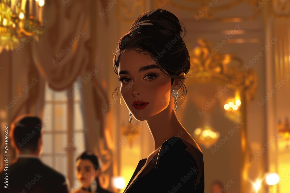 A woman in a black dress is standing in front of a mirror A woman in a black dress is standing in front of a mirror
