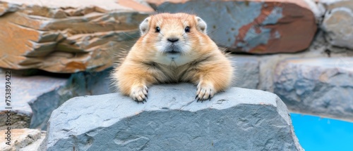  a brown and white animal sitting on top of a rock next to a pool of water with rocks in the background.