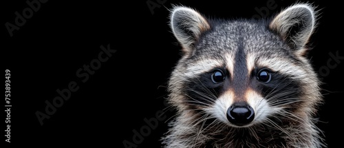  a close up of a raccoon's face on a black background with a blurry look on its face. © Jevjenijs