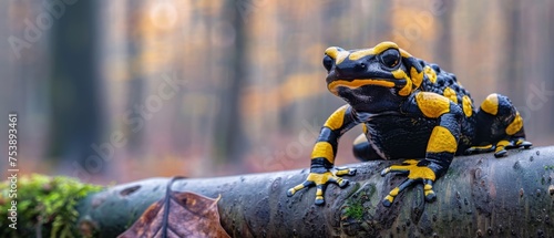  a yellow and black frog sitting on top of a log in front of a forest filled with lots of trees.