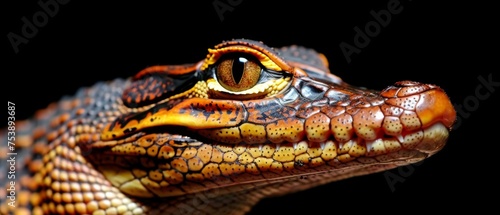  a close up of an orange and black alligator s head with yellow and black stripes on it s face.