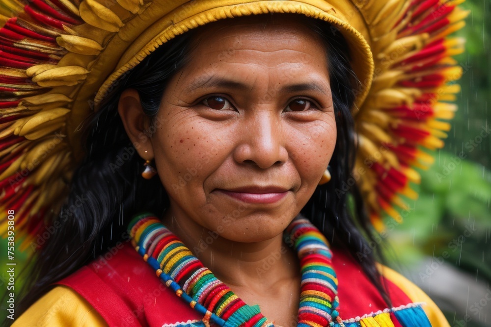 Close up portrait of adult peruvian woman wearing colorful national costume