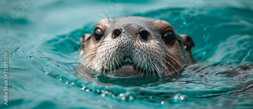  a close up of a seal in a body of water with it's head above the water's surface. © Jevjenijs