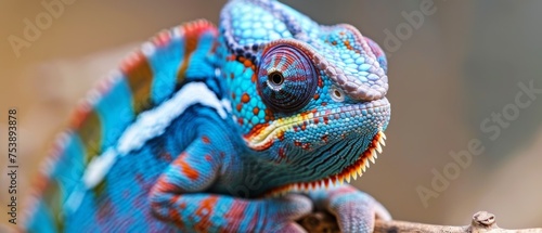  a close up of a colorful chamelon sitting on top of a tree branch with its head turned to the side. © Jevjenijs