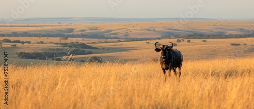  a cow standing in the middle of a field of tall grass in front of a hilly area with rolling hills in the background.