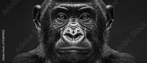  a close up of a monkey's face with a serious look on it's face and a black background.