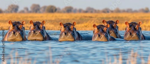  a group of hippopotamus standing in a body of water in front of a field of tall grass.