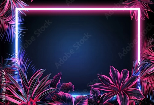 Neon border surrounding tropical palm leaf design, reflecting an anime aesthetic, vibrant dark pink and blue tones, purple neon composition, evoking the essence of contemporary gaming aesthetics. photo