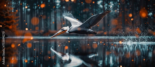  a pelican flying over a body of water with trees in the background and lights reflecting off of the water. photo