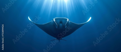  a manta ray swims through the deep blue water with sunlight shining down on it's back end. © Jevjenijs