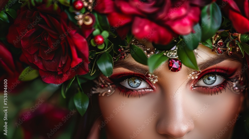  a close up of a woman's face with flowers in her hair and a wreath of red roses on her head.