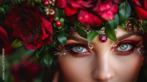  a close up of a woman s face with flowers in her hair and a wreath of red roses on her head.
