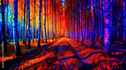  a forest filled with lots of trees next to a forest filled with red, blue, yellow and green trees.