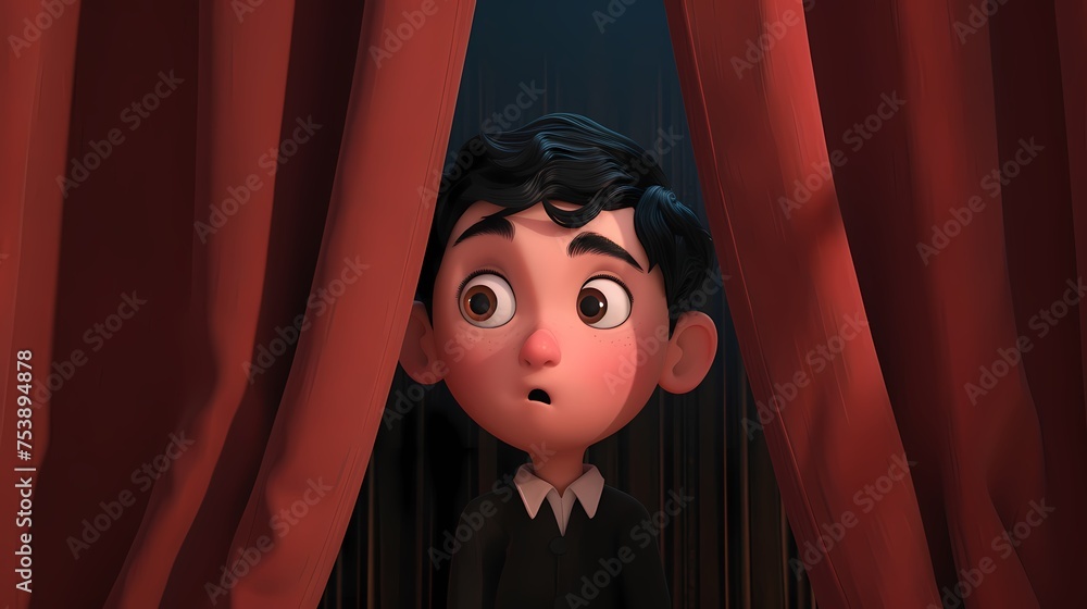Peeking out from behind a stage curtain, the animated character watches a rehearsal, eyes wide with wonder at the magic of theater.