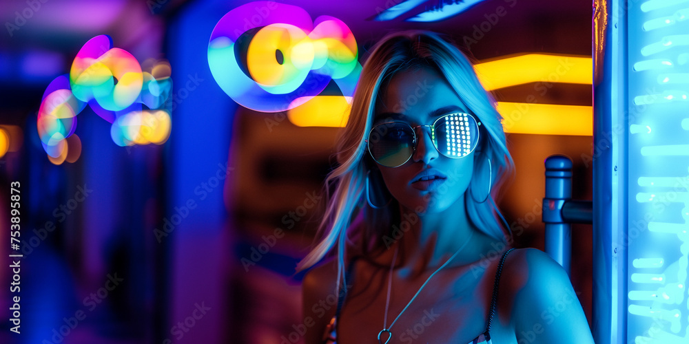 a beautiful model wearing sunglasses with colorful retro style a beautiful model wearing sunglasses with colorful retro style
