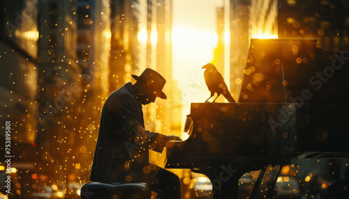 Silhouette of a Pianist with a raven on the piano playing a symphony on a city street.