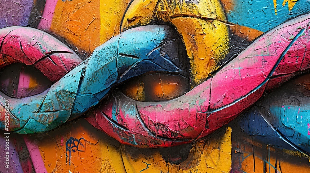 A knot close-up shot of a vibrant, graffiti-covered wall reveals a colorful street art installation depicting an oversized, abstract knot. The juxtaposition of chaotic urban elements with the elegance - obrazy, fototapety, plakaty 