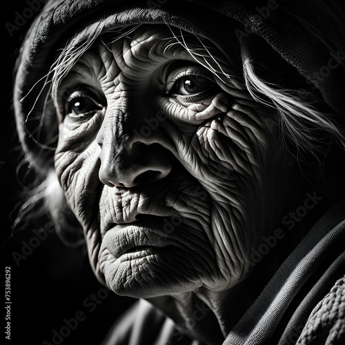 black and white portrait of an old woman with wrinkles 