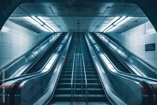 An escalator that goes up and down in the subway symmetrical composition with natural light Generative AI
