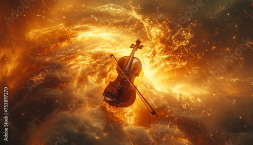 Violinist plays cello with energy particle effects.