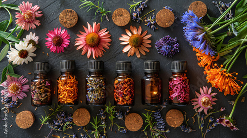 Flat lay composition with essential oils and flower